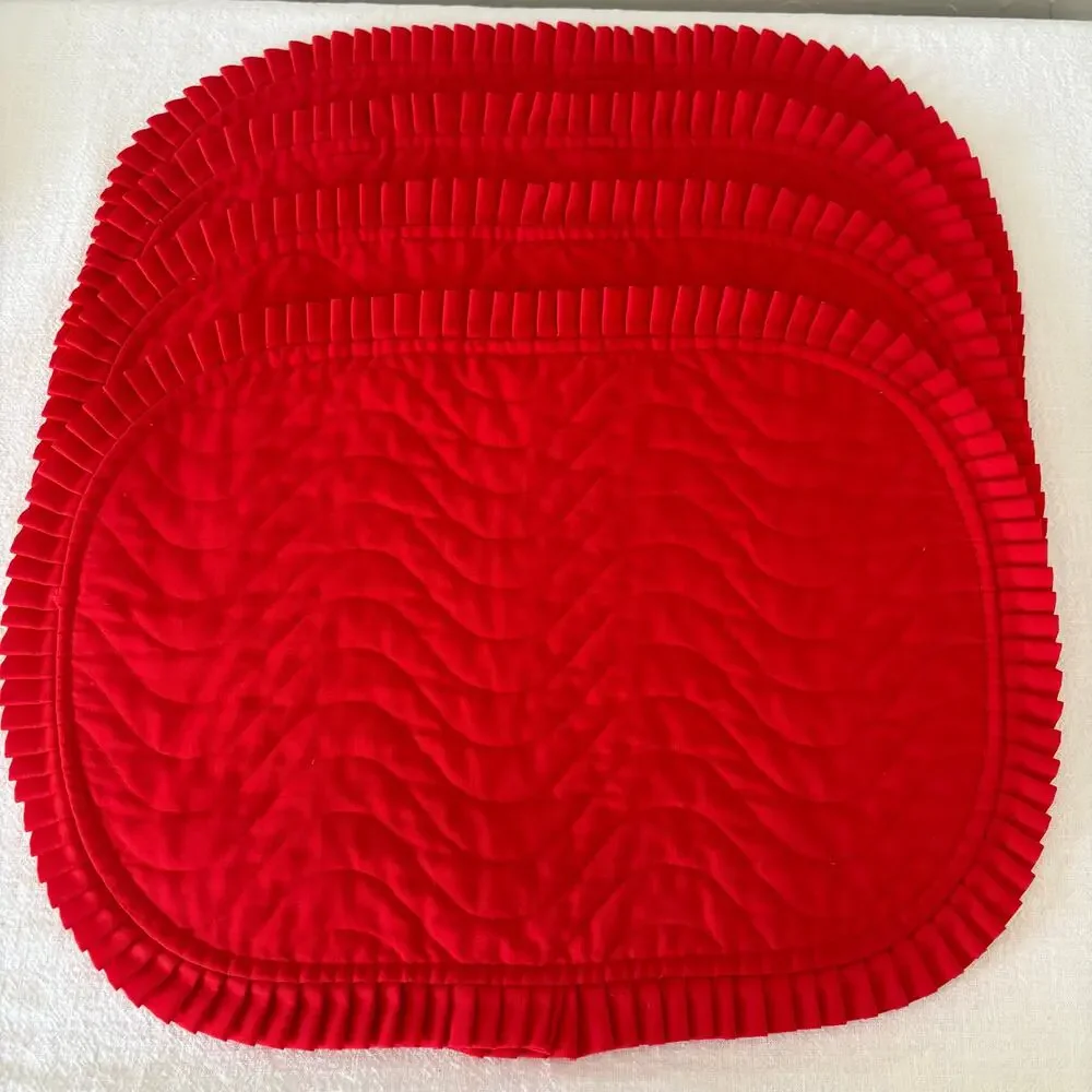 Vintage Red Quilted Placemats Set of 6 Pleated Ruffle Trim Cottage Table Linens